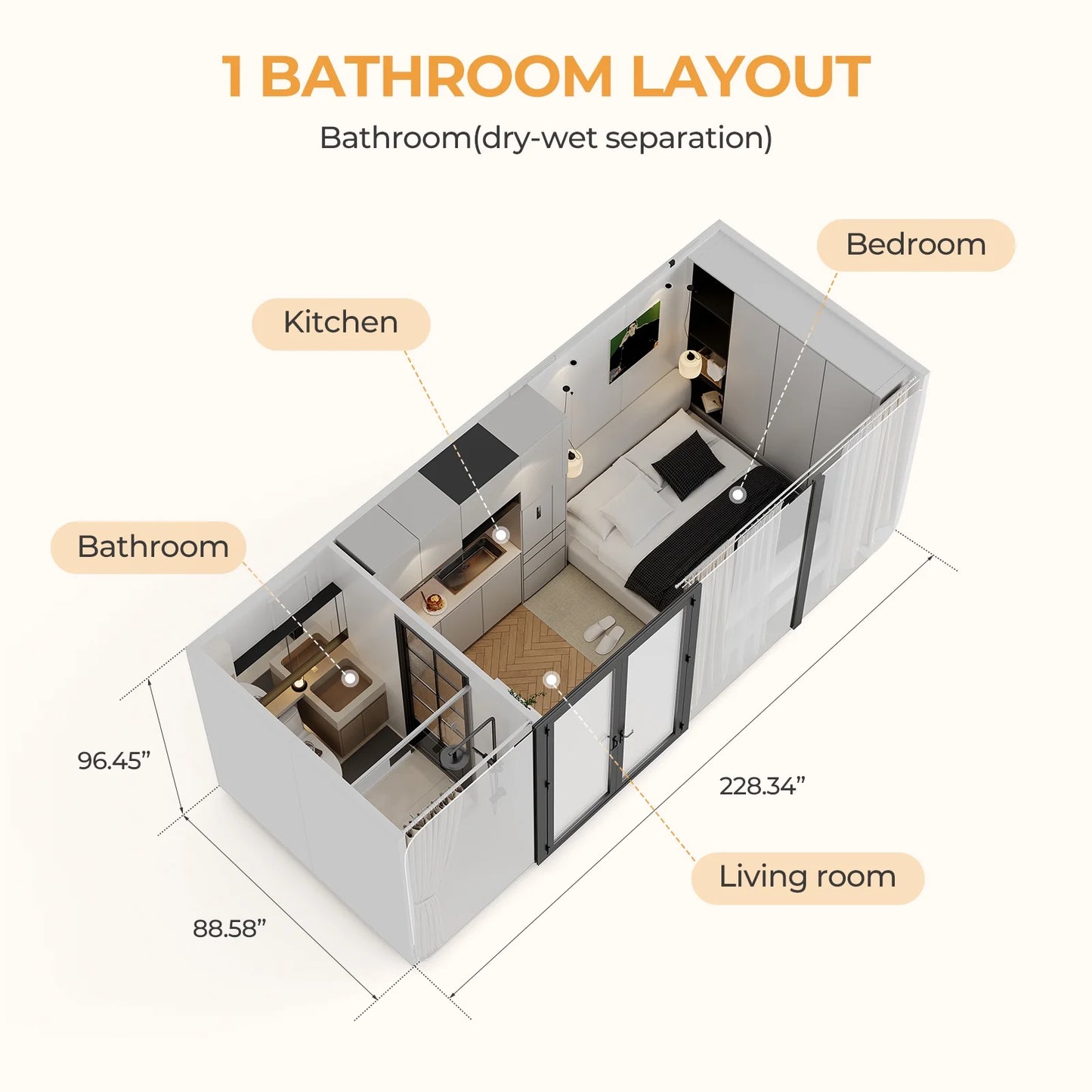 Luxury Modern prefab Cabin - 19ft Mobile Capsule with Bedroom, Kitchen and Bathroom, Storm Resistant prefab Cabin -16 Typhoon and 12 Earthquake Proof Mobile Cabin for Travel and Outdoor Living