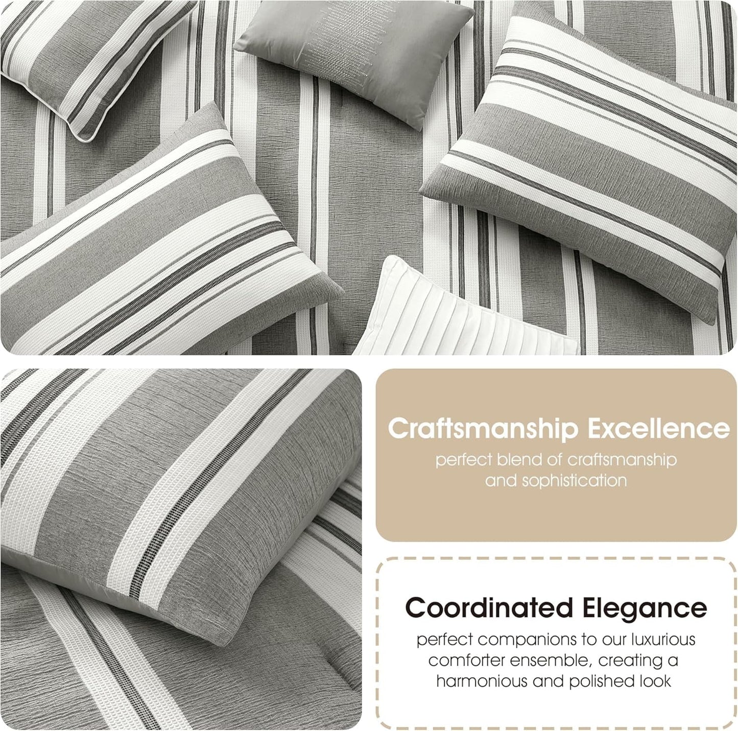 Grand Avenue White Grey Comforter Set California King Size, 7 Piece Geometric Jacquard Bedding Set, Matching Bedskirt, Pillows & Shams, Curtains
