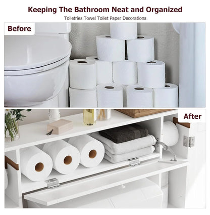 Over The Toilet Storage Cabinet, Bathroom Space Saver with Paper Holder and Adjustable Shelves, Freestanding Toilet Cabinet Organizer with 2 Side Doors and Pull-Down Door, White