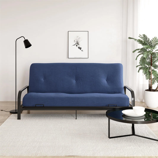 DHP Caden 8 Inch Futon Mattress with Tufted Cover and Recycled Polyester Fill, Full, Blue