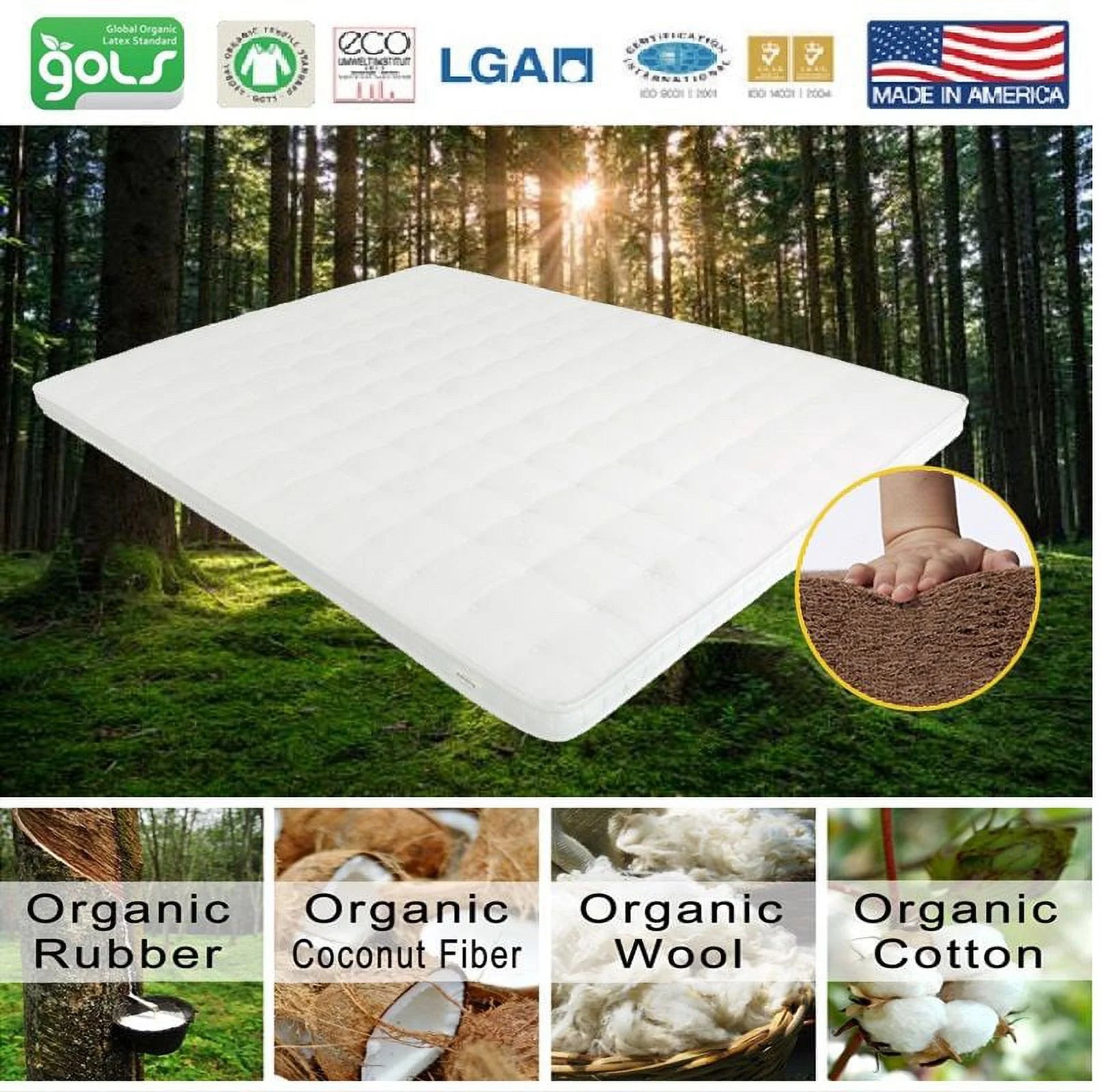 Palmpring Organic Mattress 3 Inch Mattress Topper Pillow Topper - Organic Coconut Coir Cotton Wool 3 Inch Pad Pillowtop Firm Bed Comfort Sleep Body Support(KING)