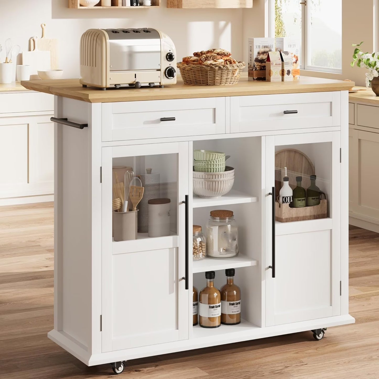 WALYWIK Foldable Kitchen Island Cart with Wheels, 2 Glass Doors, Spice Rack & Towel Holder - Compact Mobile Storage Cart for Small Kitchens, Dining Rooms, Camping & RVs - Grey
