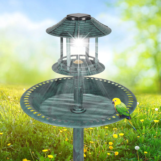 SamyoHome Wild Bird Bath Resin Pedestal Birdbaths with Solar Light Dark Green