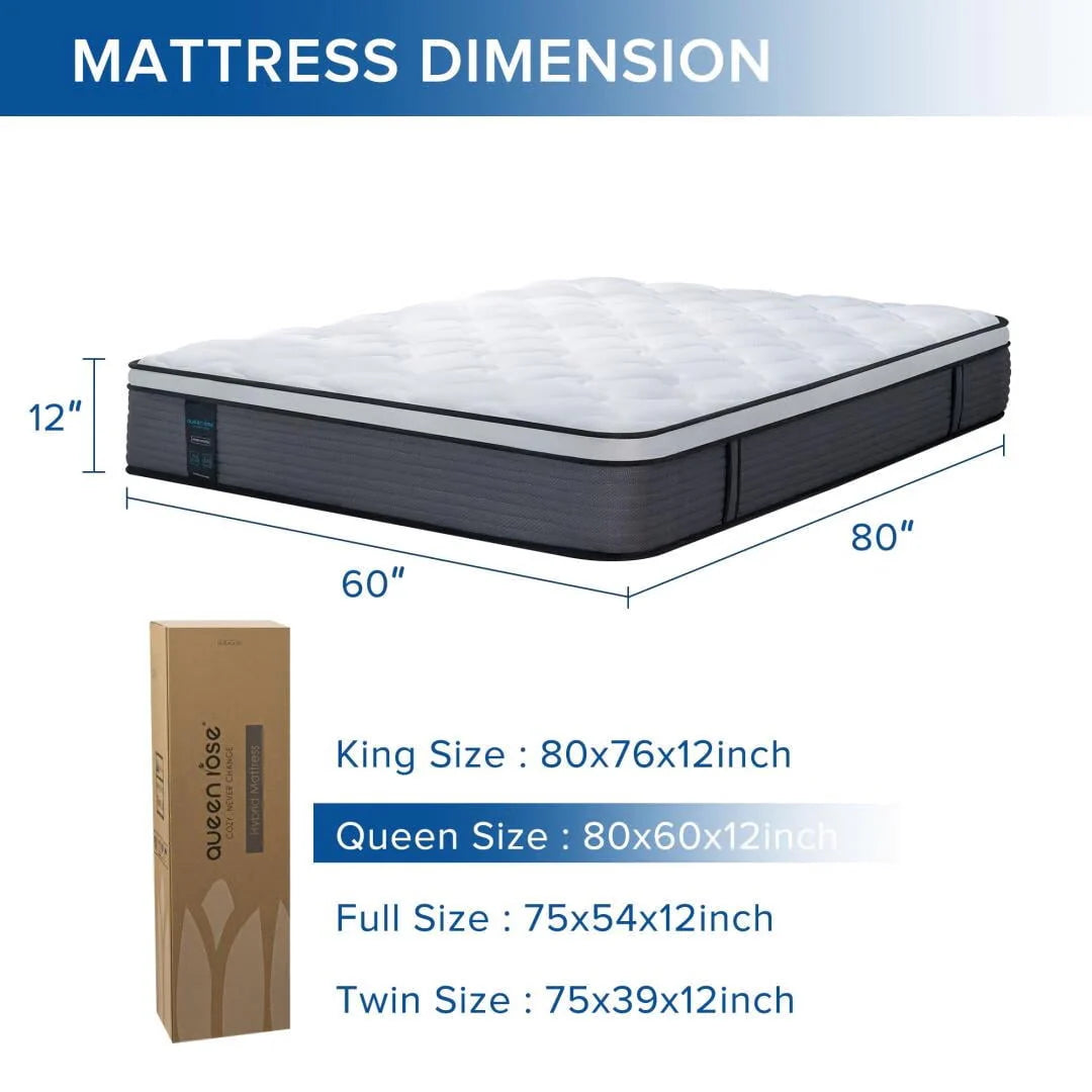 12'' Queen Hybrid Mattress, QUEEN ROSE Hybrid Firm Mattress in a Box with Gel Memory Foam, Individually Wrapped Pocket Coils Innerspring, Pressure-Relieving and Supportive, Mattress Queen Size