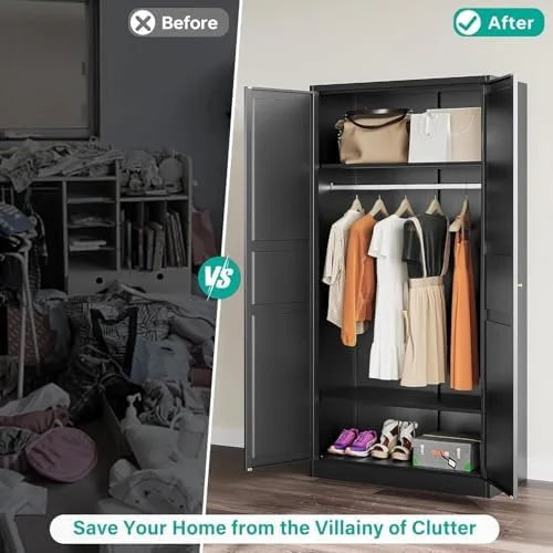Metal Wardrobe Cabinet with Hanging Rod,Black Armoire Wardrobe Closet,Metal Clothing Storage Cabinet with Adjustable Shelves and Doors,72" Cloth Storage Cabinets for Home,Living/Laundry Room