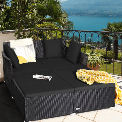 Costway Outdoor Patio Rattan Daybed Pillows Cushioned Sofa Furniture Beige