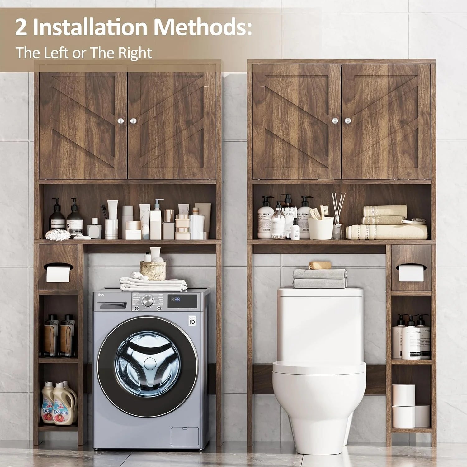 Killeryuki Over The Toilet Storage Cabinet, Farmhouse Storage Cabinet Over Toilet with Toilet Paper Holder Stand, Freestanding Bathroom Storage Organizer Space Saver W/Adjustable Shelf, Walnut