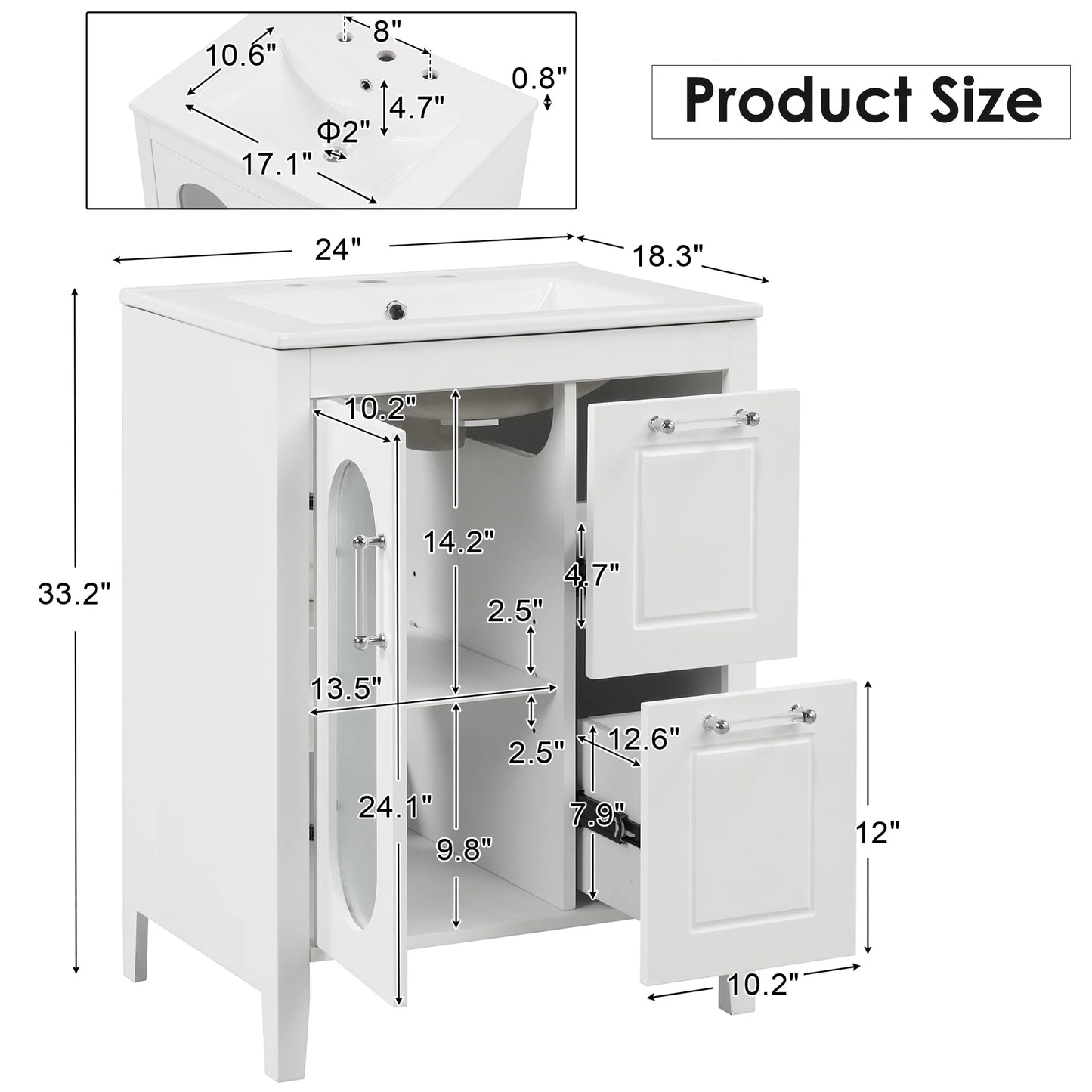 Soges 24" Bathroom Vanity with Ceramic Sink, Solid Wood Bathroom Makeup Cabinet with Door, Adjustable Shelf and 2 Drawer, Free Standing Single Basin Vanity Set for Small Bathroom, White