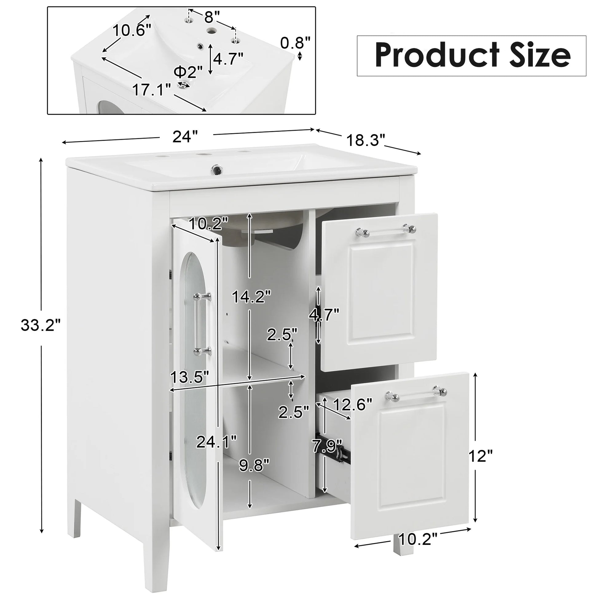 Soges 24" Bathroom Vanity with Ceramic Sink, Solid Wood Bathroom Makeup Cabinet with Door, Adjustable Shelf and 2 Drawer, Free Standing Single Basin Vanity Set for Small Bathroom, White
