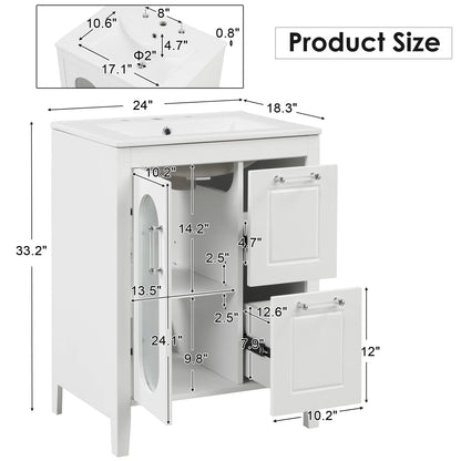 Soges 24" Bathroom Vanity with Ceramic Sink, Solid Wood Bathroom Makeup Cabinet with Door, Adjustable Shelf and 2 Drawer, Free Standing Single Basin Vanity Set for Small Bathroom, White