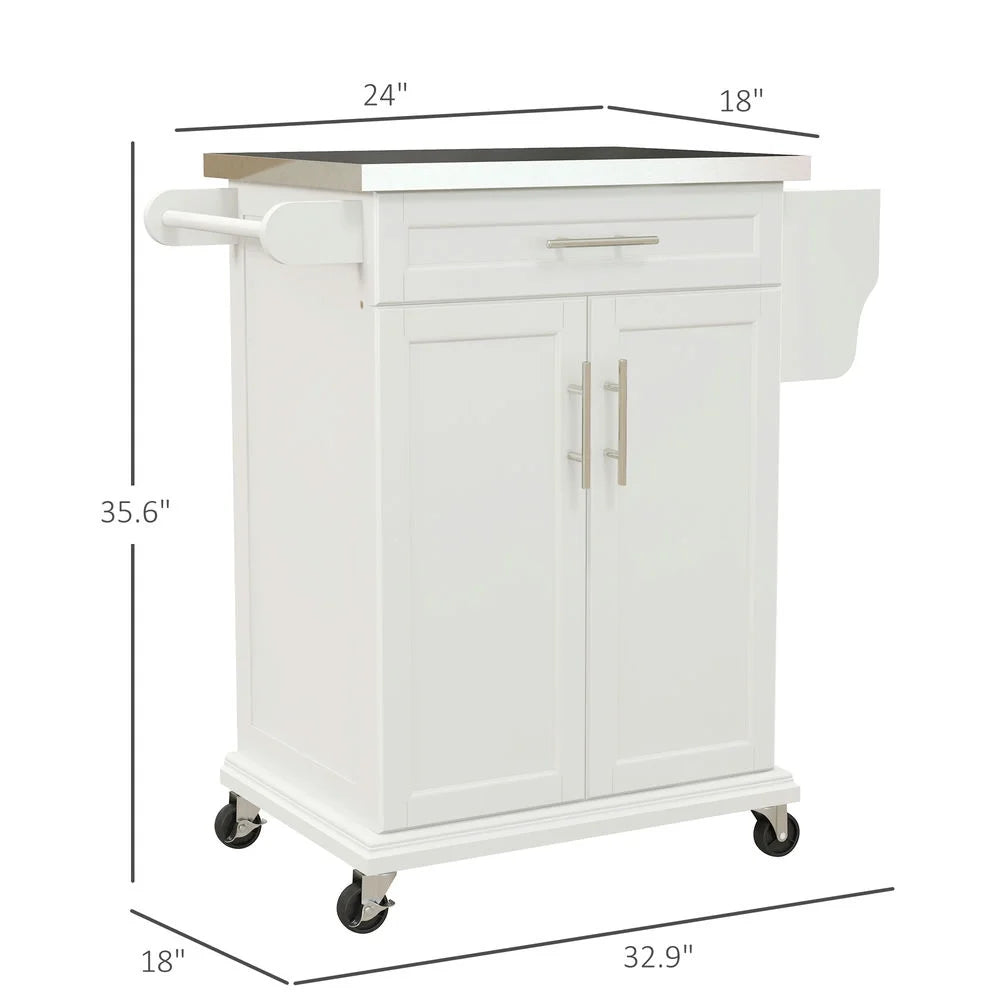 Barara King Kitchen Island,Rolling Island on Wheels, Kitchen Island Cart with Drawer, Towel Rack & Stainless Steel Countertop, Cream White