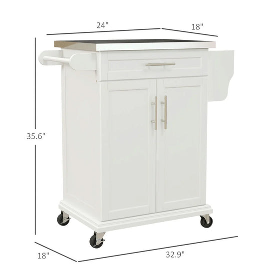 Barara King Kitchen Island,Rolling Island on Wheels, Kitchen Island Cart with Drawer, Towel Rack & Stainless Steel Countertop, Cream White