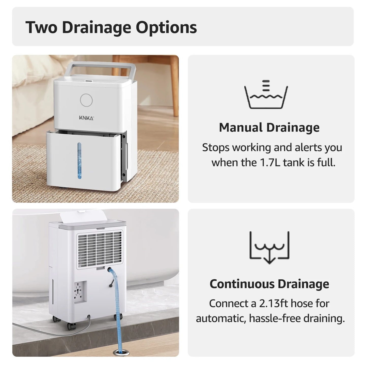 KNKA Pro Dehumidifier for Home with Drain Hose, (DOE Rating 10 pints/day), Dehumidifier for Basements, Covers Up to 1,500 Sq Ft, Auto Humidity Control for Bedroom, Bathroom, RV