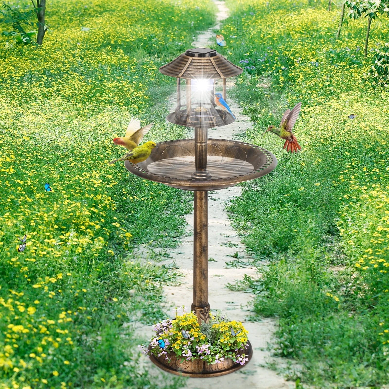 Zimtown Courtyard 42 Inch Bird Bath w/Solar Light Garden Decor