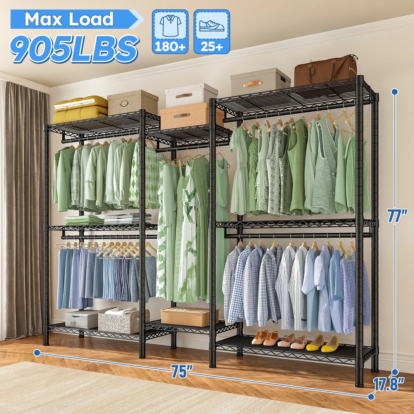 EnHomee Heavy Duty Clothes Rack with 5 Hanging Rods & 8 Shelves,Max Load 905 LBS Adjustable Metal Wardrobe Closet Organizer,Black