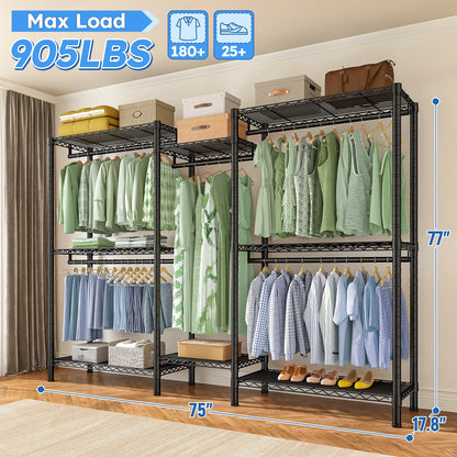 EnHomee Heavy Duty Clothes Rack with 5 Hanging Rods & 8 Shelves,Max Load 905 LBS Adjustable Metal Wardrobe Closet Organizer,Black