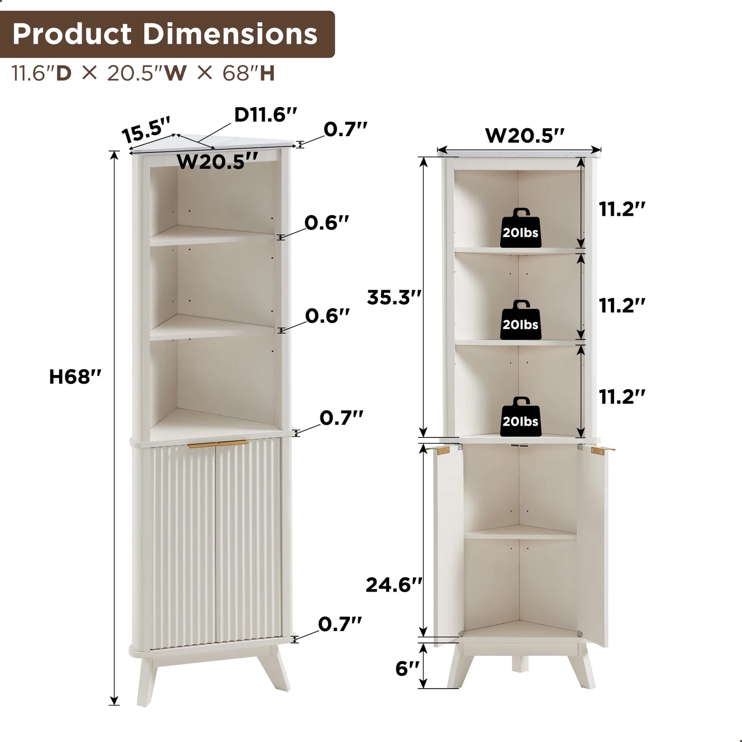 OKD 68" Tall Corner Storage Cabinet with Faux Marble Top and Adjustable Shelves Modern Pantry Curved Profile Bookshelf for Bathroom Kitchen Living Room Dining Room, Off White