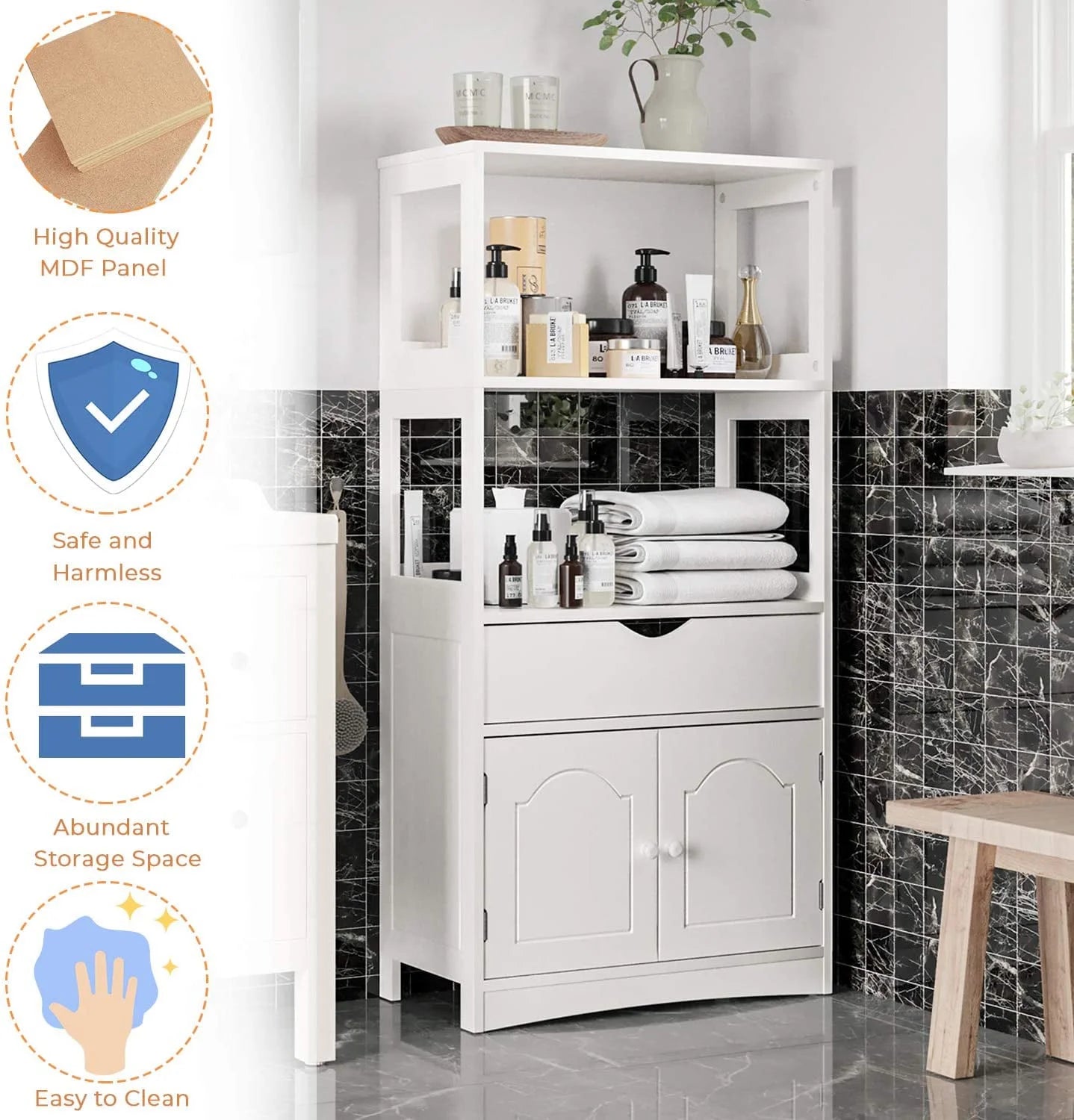 Sideboard Storage Cabinet with Drawer& Shelves, Kitchen Pantry Storage Cabinet with Microwave Space& Cupboard, Modern Freestanding Floor Bathroom Cabinet/Bookshelf for Home Office, White