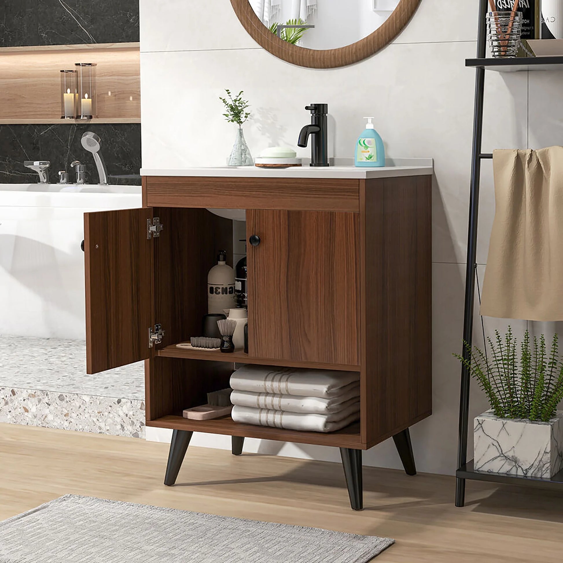 Gymax 25 Inch Wooden Bathroom Vanity Sink Combo with Open Shelf & Sink & Pop Up Drain
