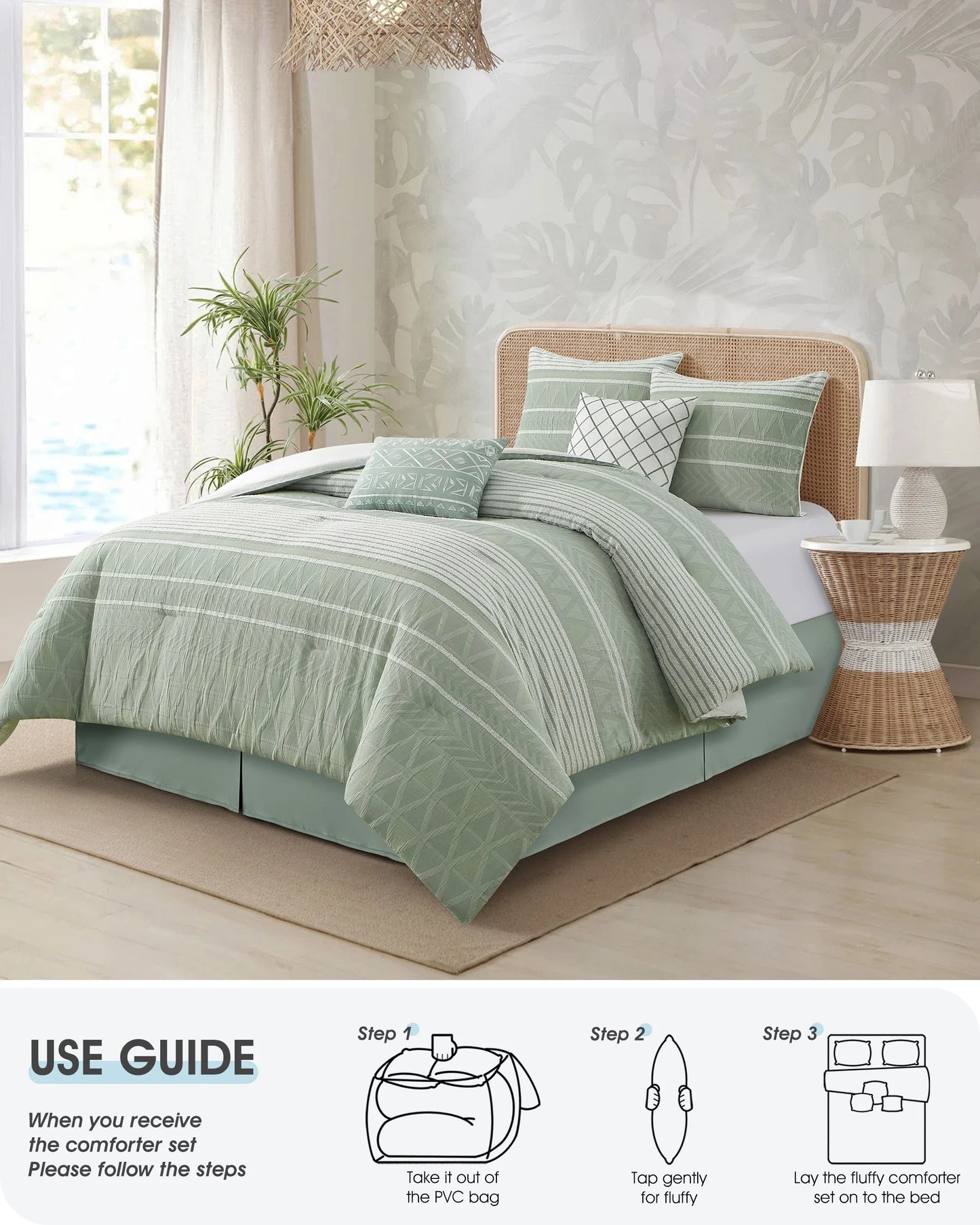 Lanco 100% Cotton Queen Size Comforter Set , 6 Piece , Beige Geometric Jacquard Bedding Set