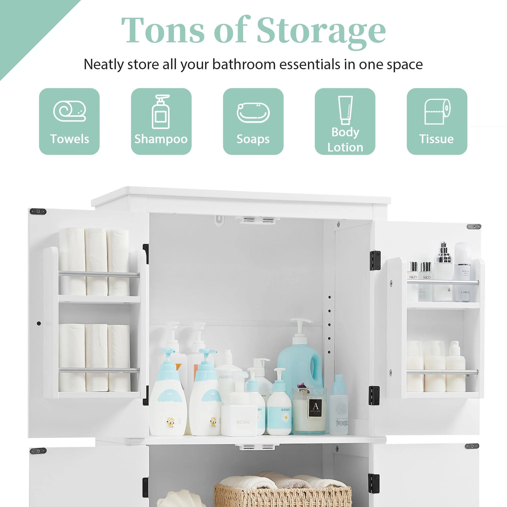 EUROCO Bathroom Floor Storage Cabinet,Bathroom Storage Unit,Freestanding Cabinet with 4 Doors,Adjustable Shelves,Adaptable Shelves,11.8 x 23.6 x 43.3 Inches,White
