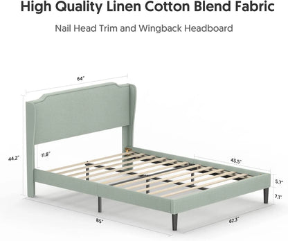 Bonsoir Queen Size Traditional Upholstered Low Profile Platform Bed Frame with Wing Back and Nail Trim Headboard/No Box Spring Needed/No Bed Skirt Needed/Soft Linen Fabric Upholstery/Light Green