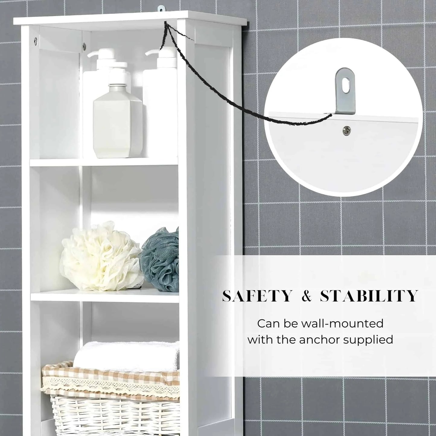 Tall Bathroom Storage Cabinet with Open Shelves and Vented Door, Slim Linen Cabinet for Compact Bathroom Organization, White and Oak Finish - Stockholm Collection