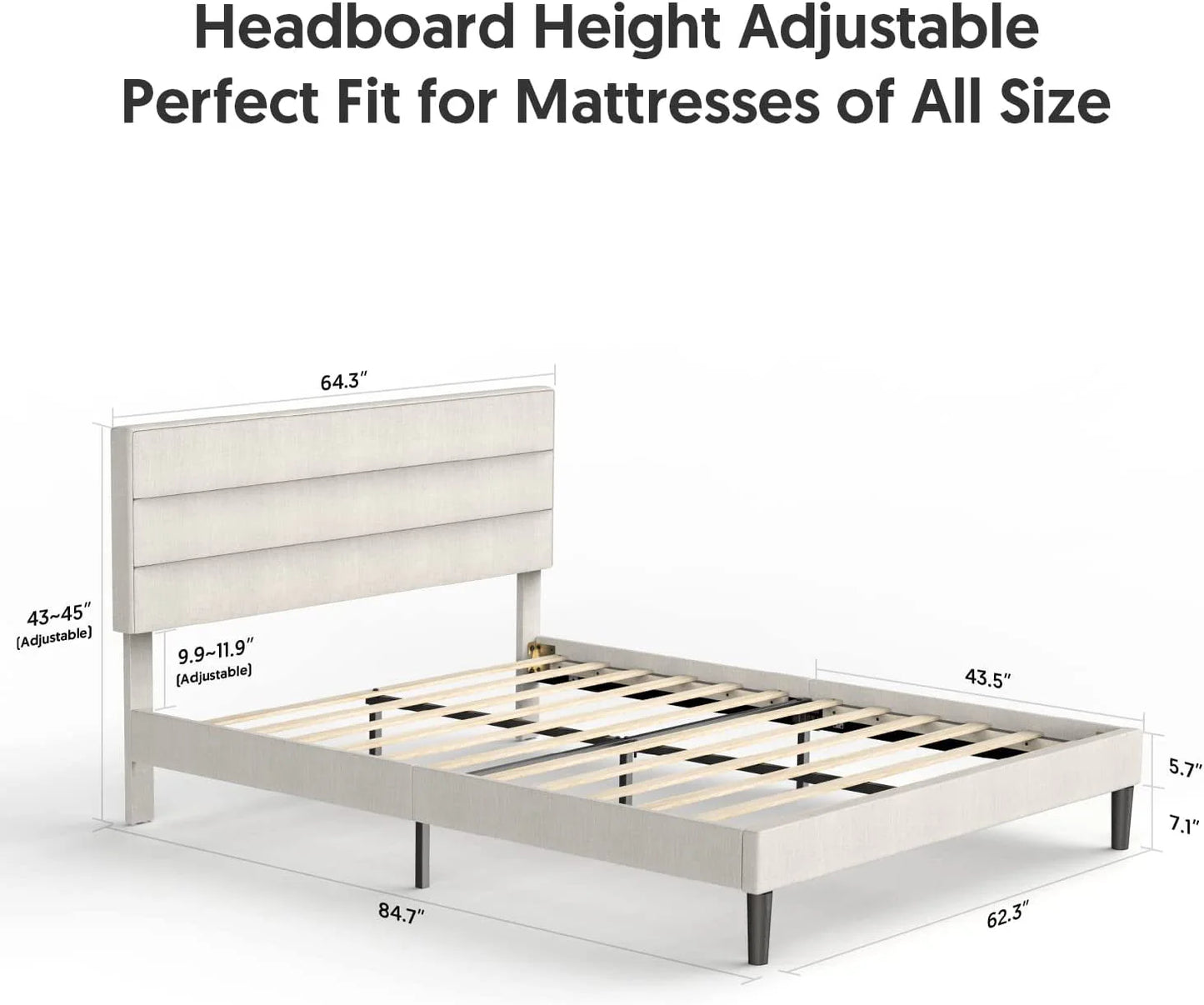 Bonsoir Queen Size Modern Horizontal Panel Upholstered Low Profile Platform Bed Frame With Tufted Headboard/No Box Spring Needed/No Bed Skirt Needed/Linen Fabric Upholstery/Beige
