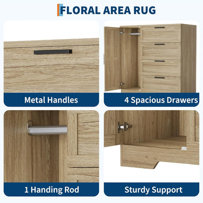 43.3'' Small Wardrobe Closet, Wardrobe Cabinet with Door, 4 Drawers and Handing Rod, Wooden Clothes Cabinet 4 Drawer Dresser for Bedroom, Laundry Room, Cloak Room, Natural Oak