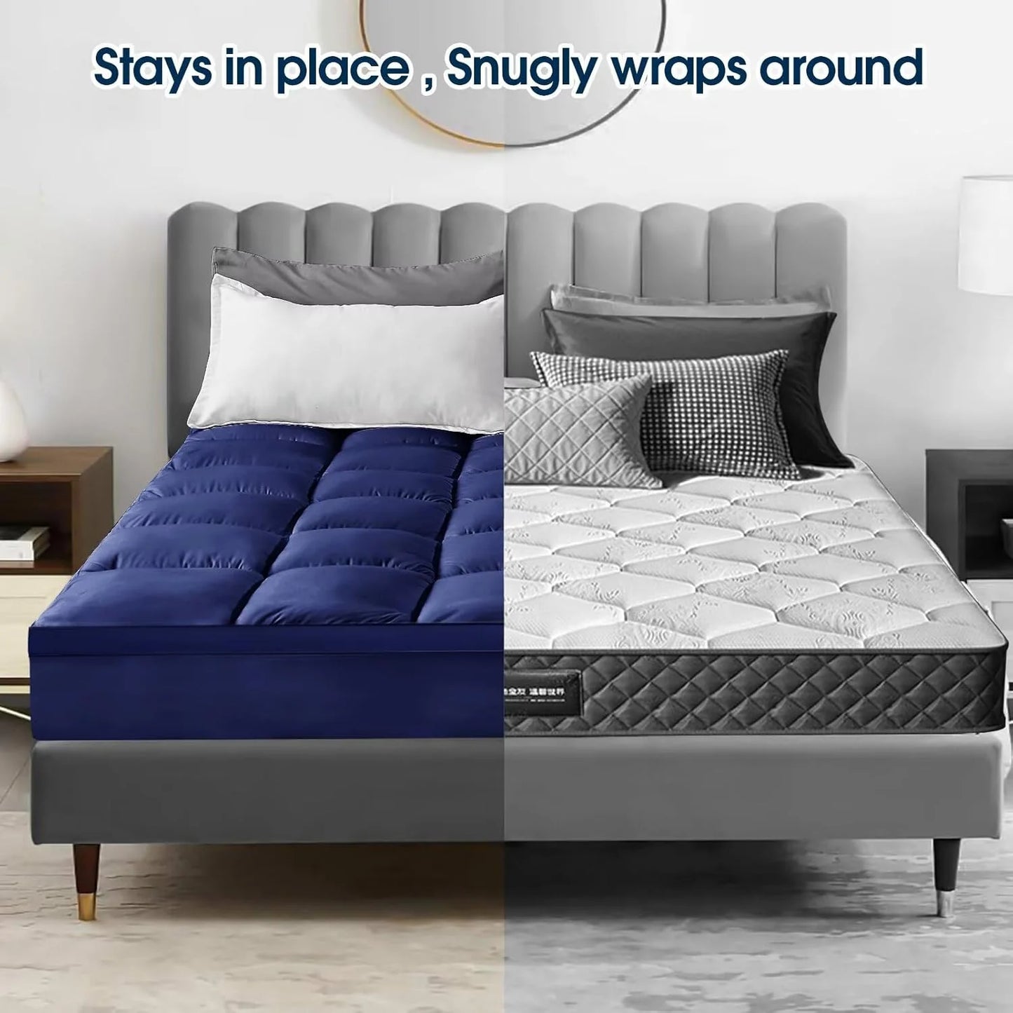 Mattress Topper Short Queen Size, PillowTop Mattress Pad Cover for Bed Back Pain, Cooling Mattress Protector Extra Thick Firm Soft Floor Fill Overfilled with 8-21 Inch Deep Pocket, 60"x75"Navy