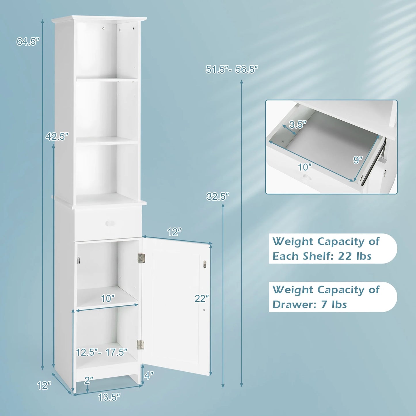 Costway Bathroom Tall Storage Cabinet Freestanding Linen Tower w/Open Shelves & Drawer