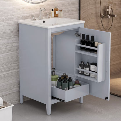 20.3 Inch Bathroom Vanity with Ceramic Sink, Solid Wood Small Single Vanity with Drawer and Soft Close Doors, White Modern Bathroom Cabinet with Storage