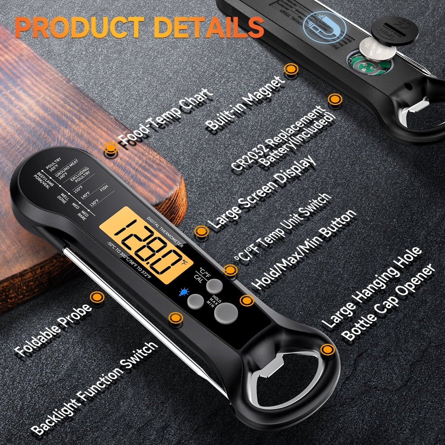 Digital Meat Thermometer with Folding Probe, IPX7 Waterproof Food Thermometer for Cooking, Instant Read Thermometer with LED Backlit Display, Bottle Cap Opener for Kitchen, BBQ, Grill