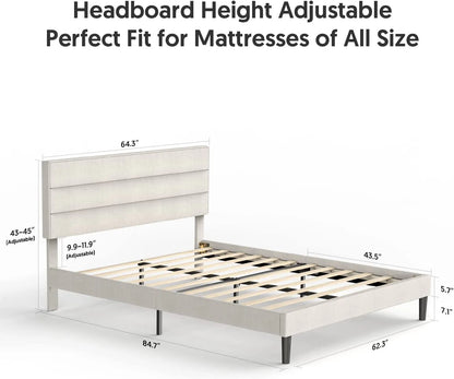 Bonsoir Queen Size Modern Horizontal Panel Upholstered Low Profile Platform Bed Frame With Tufted Headboard/No Box Spring Needed/No Bed Skirt Needed/Linen Fabric Upholstery/Beige