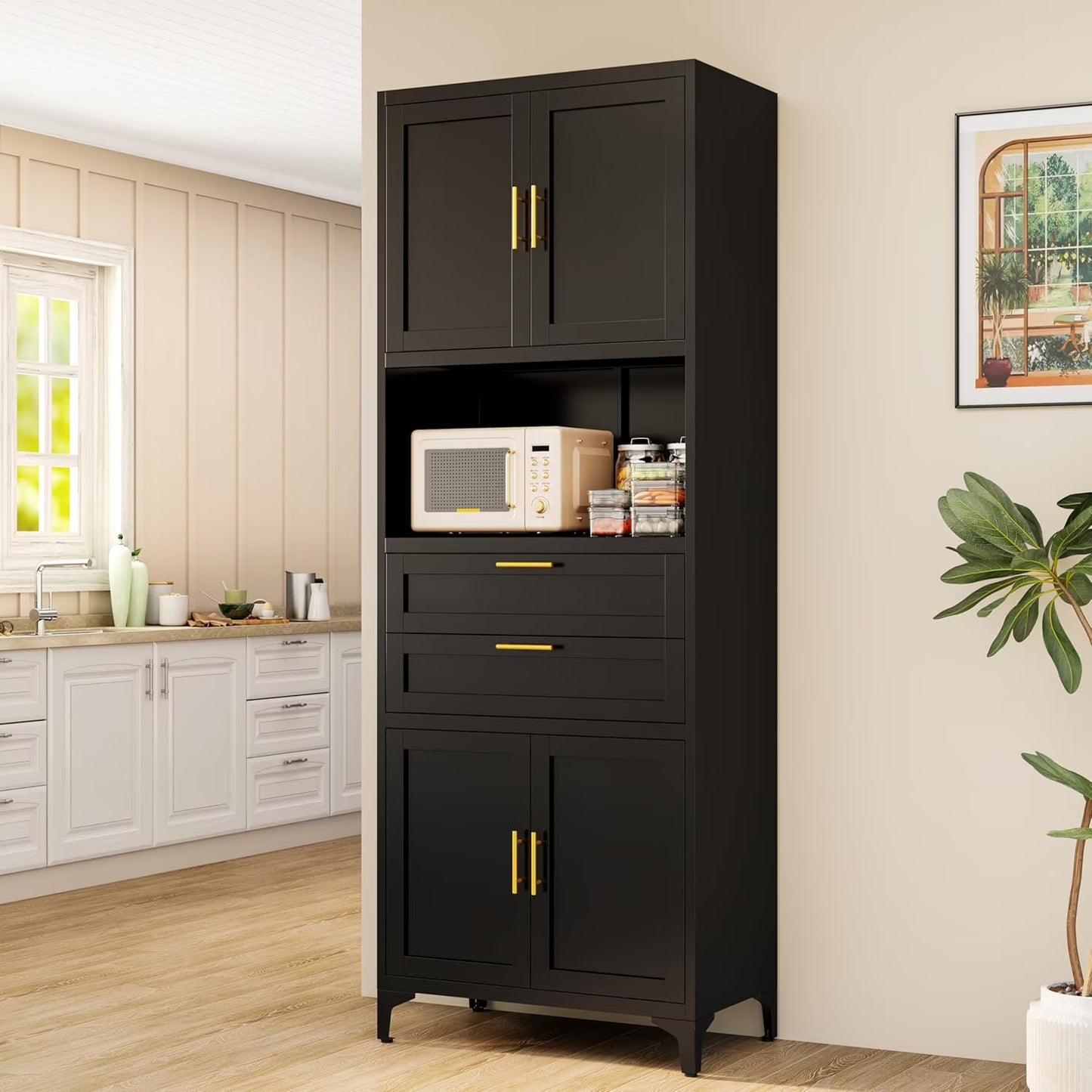 75° Tall Kitchen Pantry Storage Cabinet, Metal Storage Cabinet with 2 Drawers and Adjustable Shelves, Kitchen Pantry Cupboard, Freestanding Cupboard for Bathroom, Living Room(Black)