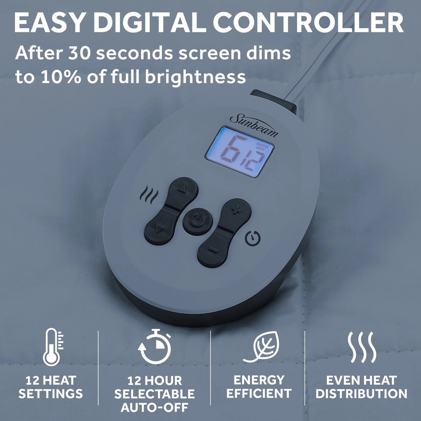 Sunbeam Restful Quilted Electric Heated King Size Mattress Pad, 76" x 80", 12 Heat Settings, 12-Hour Selectable Auto-Off, Machine Washable