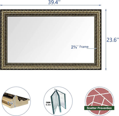 H-A Black& Gold Framed Rectangle Bathroom Mirrors for Wall,Wall Mounted Vintage Mirror Vertical or Horizontal Hanging for Living Room,Bedroom (40''x24''Vintage)