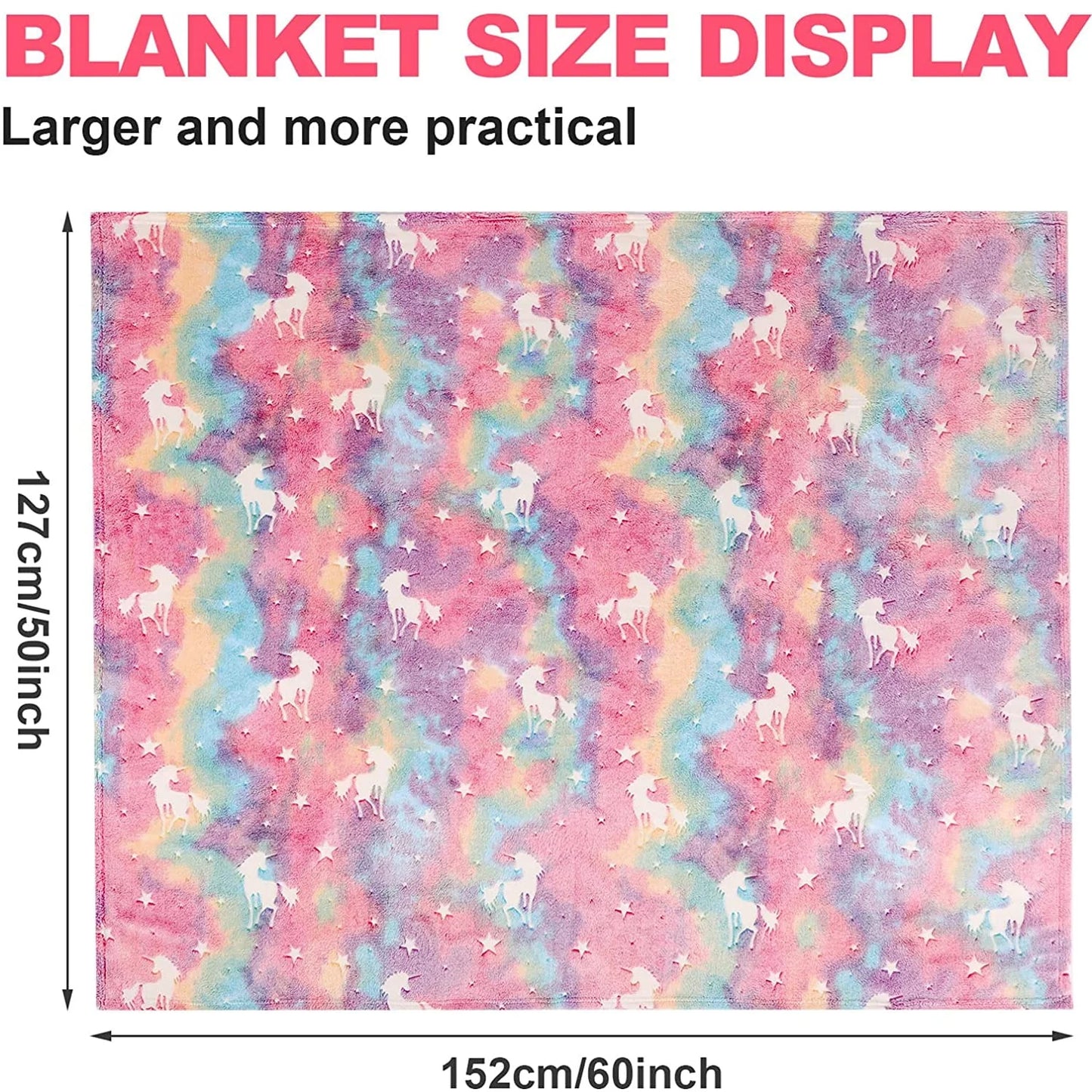 Unicorn Blanket for Girls, Glow in Dark Throw Blanket Lighted, Flannel Furry Fleece Blanket, Christmas Gifts for Kids Ages 3+ Years Old, 60in x 50in