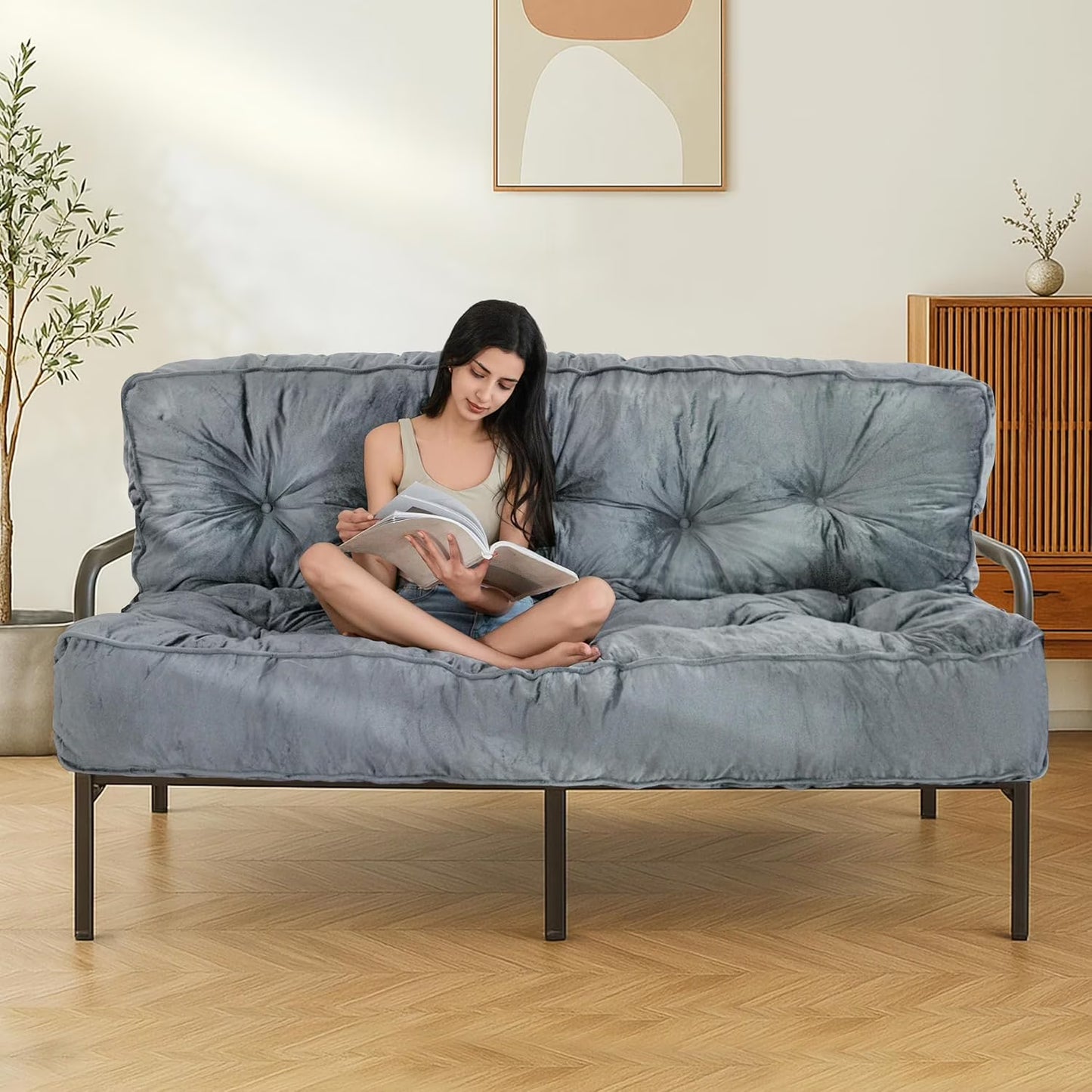 XH 8" Futon Mattress, Full Size Extra Thick Futons Sofa Couch Bed for Adults, Velvet Floor Mattress Shredded Foam Filling (Frame Not Included)