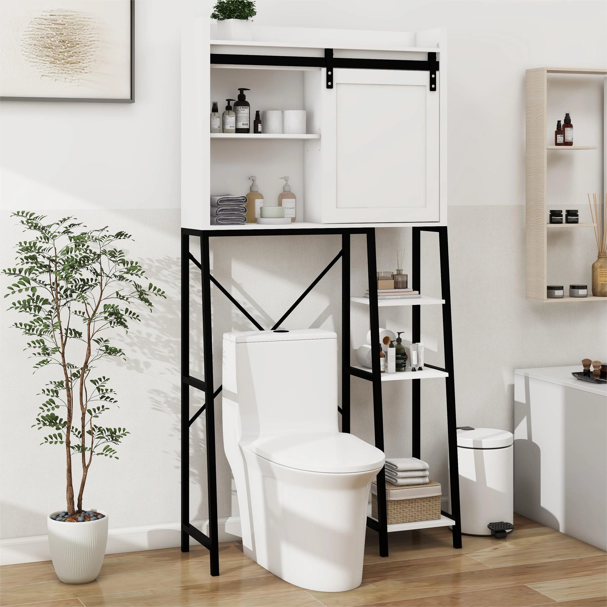 Over The Toilet Storage Cabinet,Bathroom Shelves Over Toilet,8-tier Mass-Storage with Wooden Cabinet,White