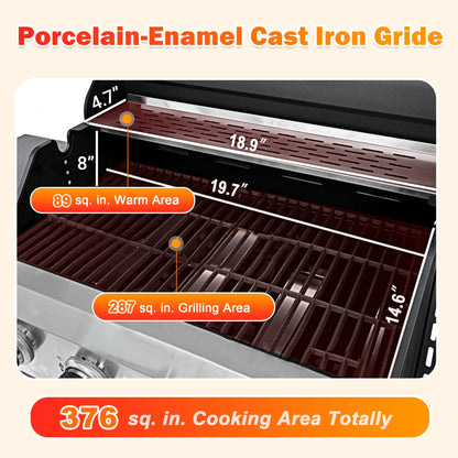 Segmart 4 Burner BBQ Propane Gas Grill with Side Burner, Stainless Steel 50,000 BTU Patio Barbecue Grill with Shelf, Gas Tank Hook, Towel Rack & Bottle Opener, Fits for Camping, Outdoor Cooking
