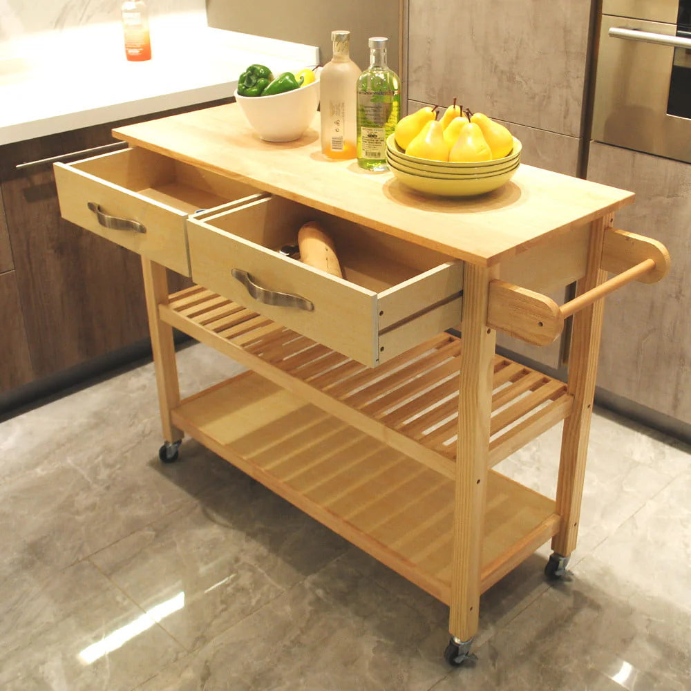 Visentor Kitchen Island Cart with Lockable Wheels, 3 Tier Rolling Utility Kitchen Storage Carts Table with 2 Drawers, 2 Shelves & Towel Rack, 45 Inch, Natural