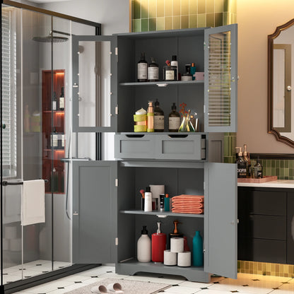 Joywind Gray Freestanding Bathroom Storage Cabinet with Glass Doors - 67" Tall Linen Organizer with 2 Drawers & Adjustable Shelves, for Bathroom, Kitchen, Living Room, Office Storage