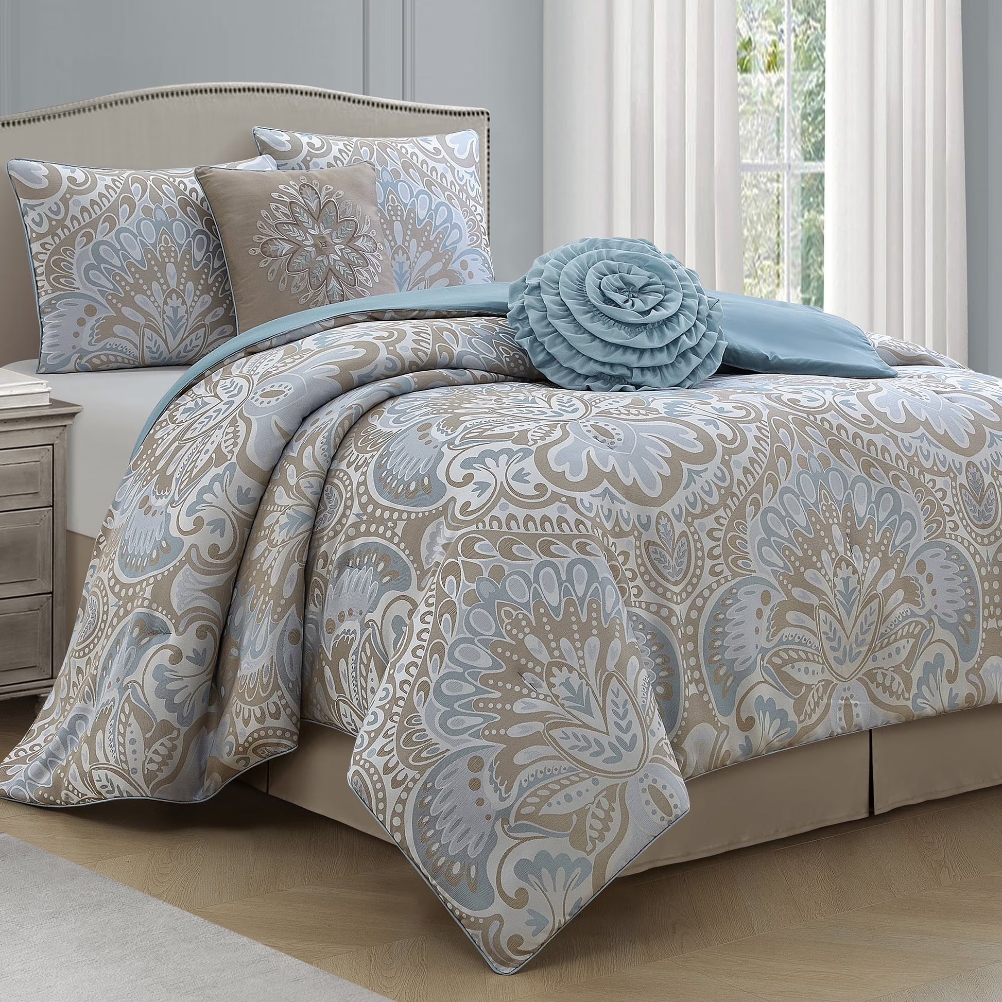 Lanco Luscious Diane 6-Piece Reversible Comforter Bedding Set, California King, Blue Gold, Fill Material Polyester, Floral