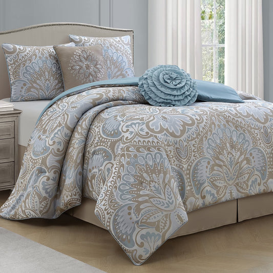 Lanco Luscious Diane 6-Piece Reversible Comforter Bedding Set, California King, Blue Gold, Fill Material Polyester, Floral