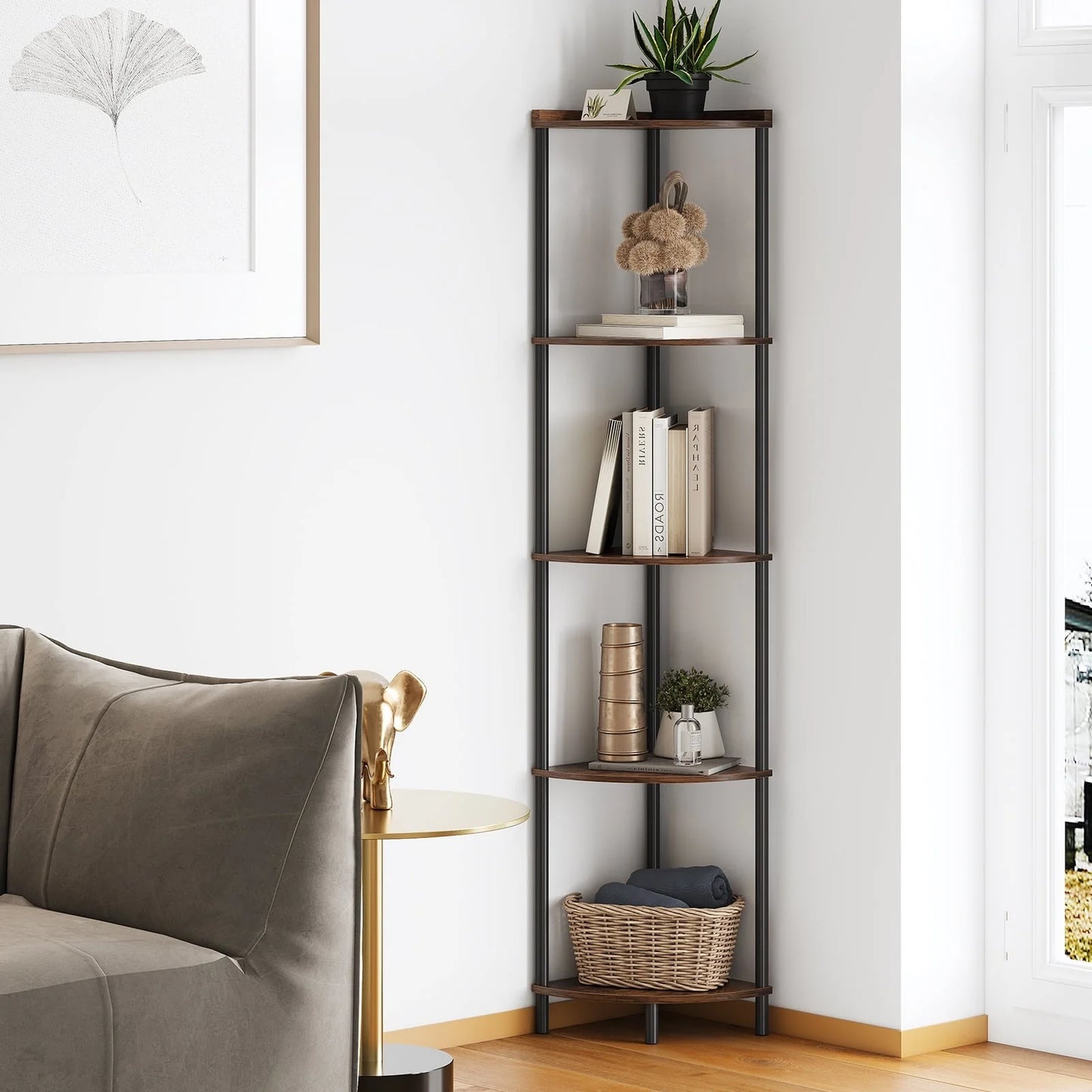 SUNMORY Corner Shelf Stand, 5 Tier Corner Bookshelf Plant Stand Storage Shelf for Bathroom Display Shelf for Living Room