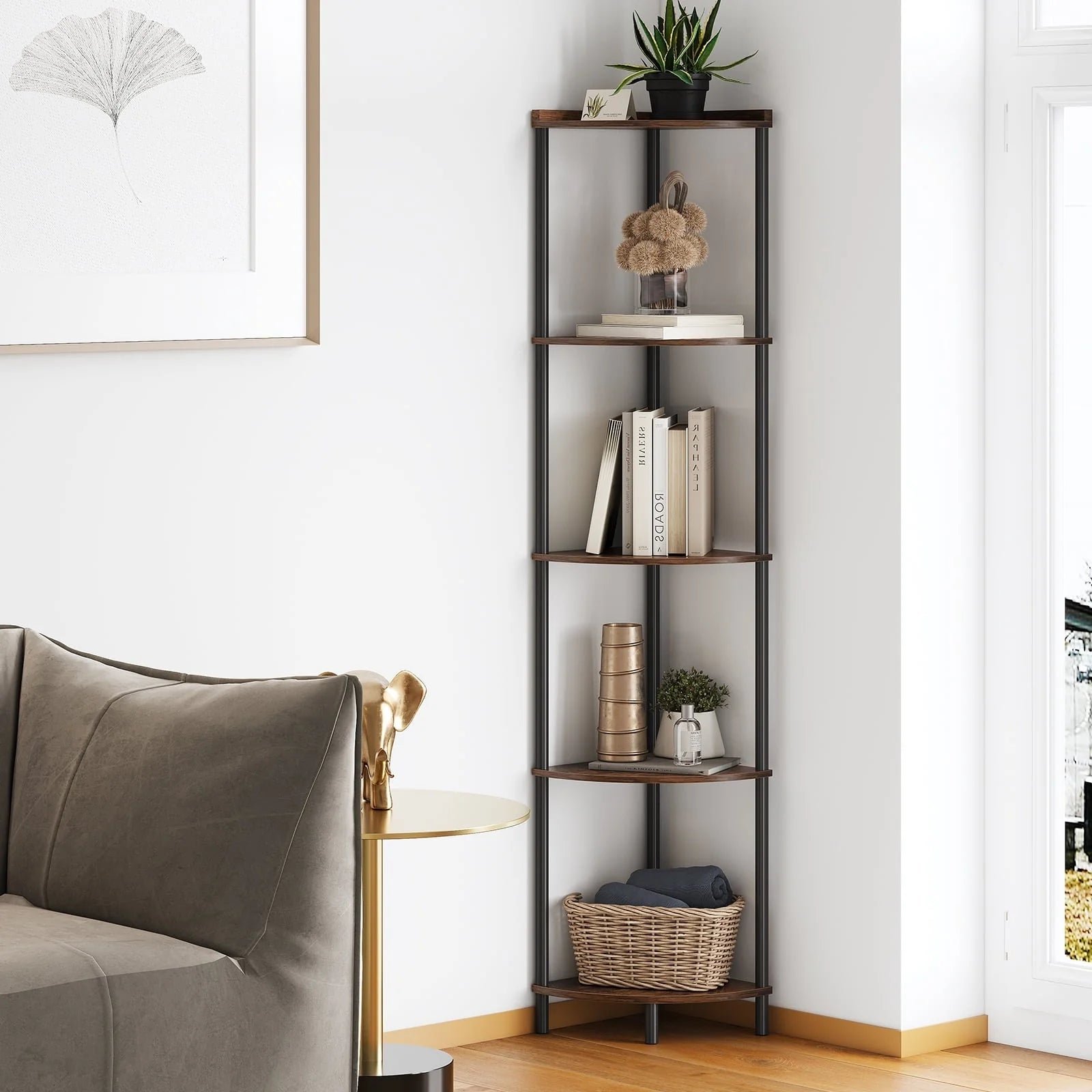 SUNMORY Corner Shelf Stand, 5 Tier Corner Bookshelf Plant Stand Storage Shelf for Bathroom Display Shelf for Living Room