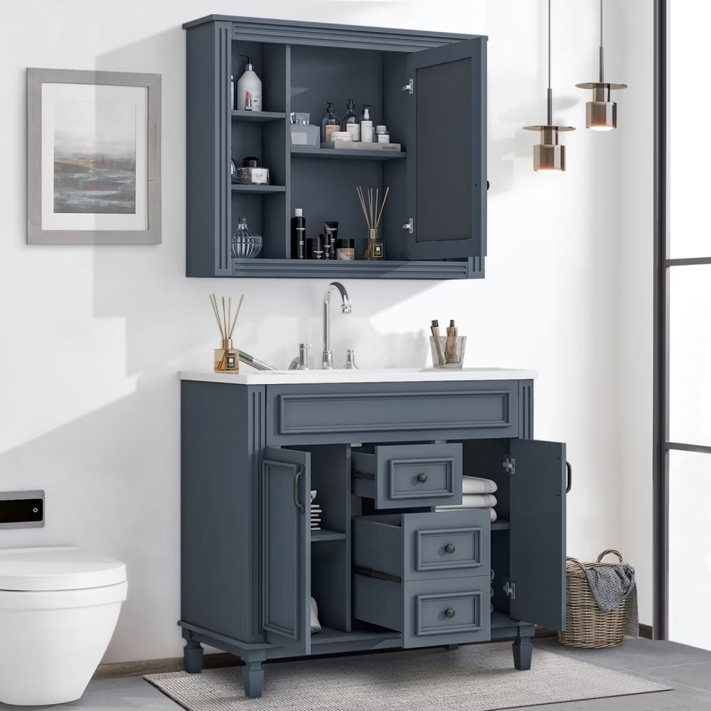 36" Bathroom Vanity Set with Resin Sink and Wall Mounted Mirror Cabinet, Modern Freestanding Single Cabinet Combo with Storage Shelves & 2 Drawers & 2 Soft Closing Doors, Vintage Handles, Gray