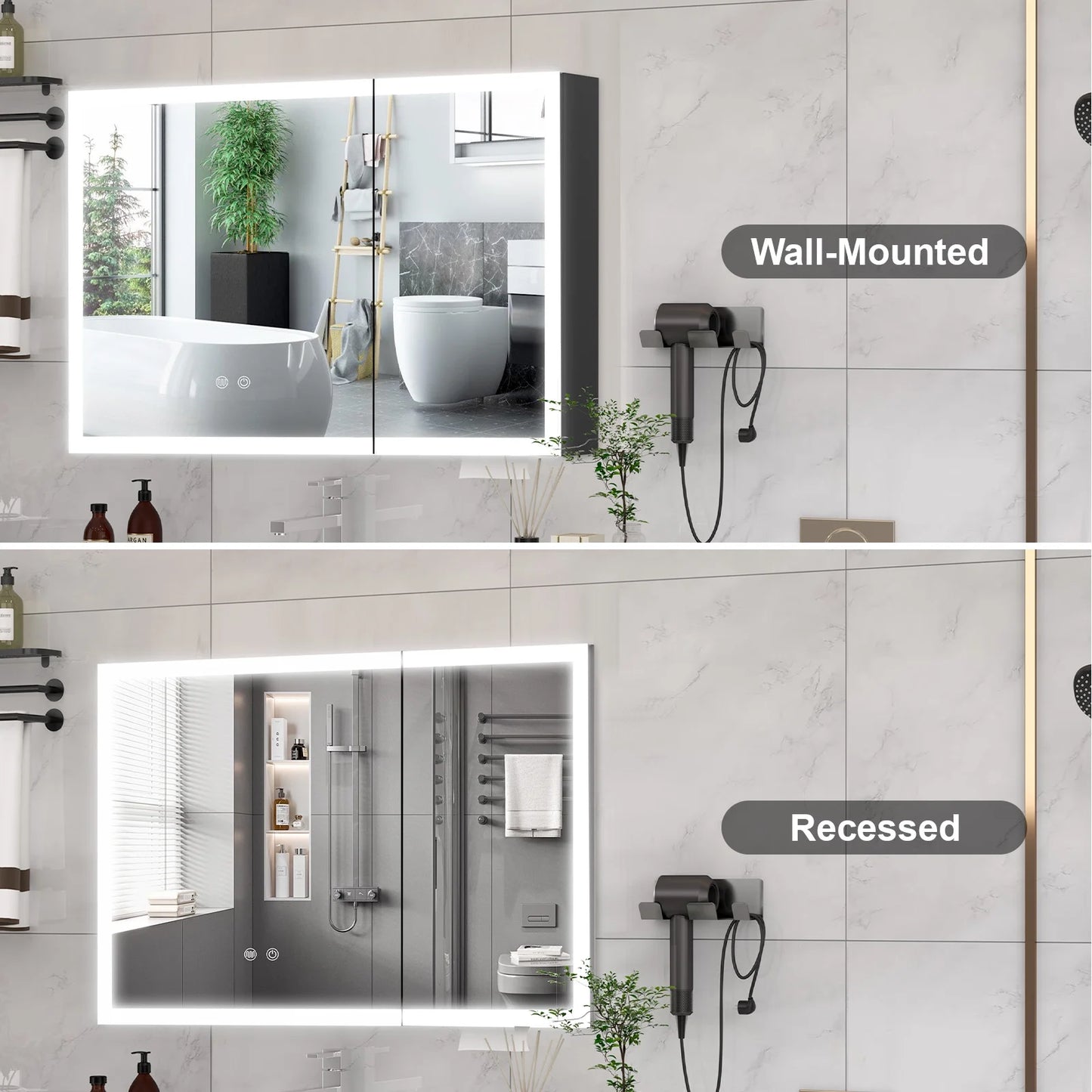 JBLCC LED Lighted Medicine Cabinet with Mirror, Wall Mounted Bathroom Cabinet with Touch Sensor, Anti-Fog, Black