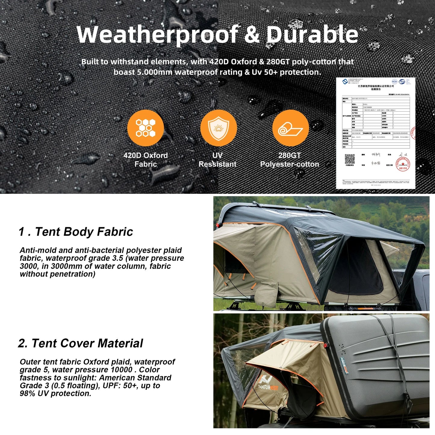 Naturnest Premium Weatherproof 2-3 Person Rooftop Tent with Adjustable Dual Lighting, Memory Foam Bedding, Spacious Interior, and Exceptional Delivery